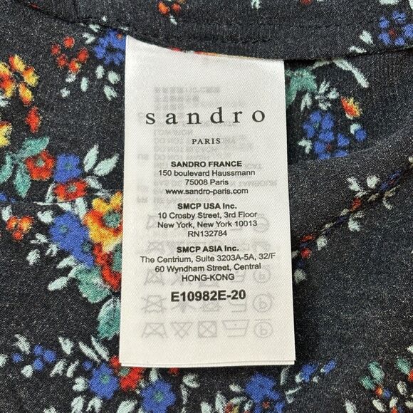 Sandro Paris Cold Shoulder Top Women 1 Small Black Floral Keyhole High Low - Picture 11 of 12